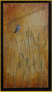 Painting of a sparrow in the wheat